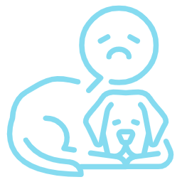 a dog laying down with a frowning face icon